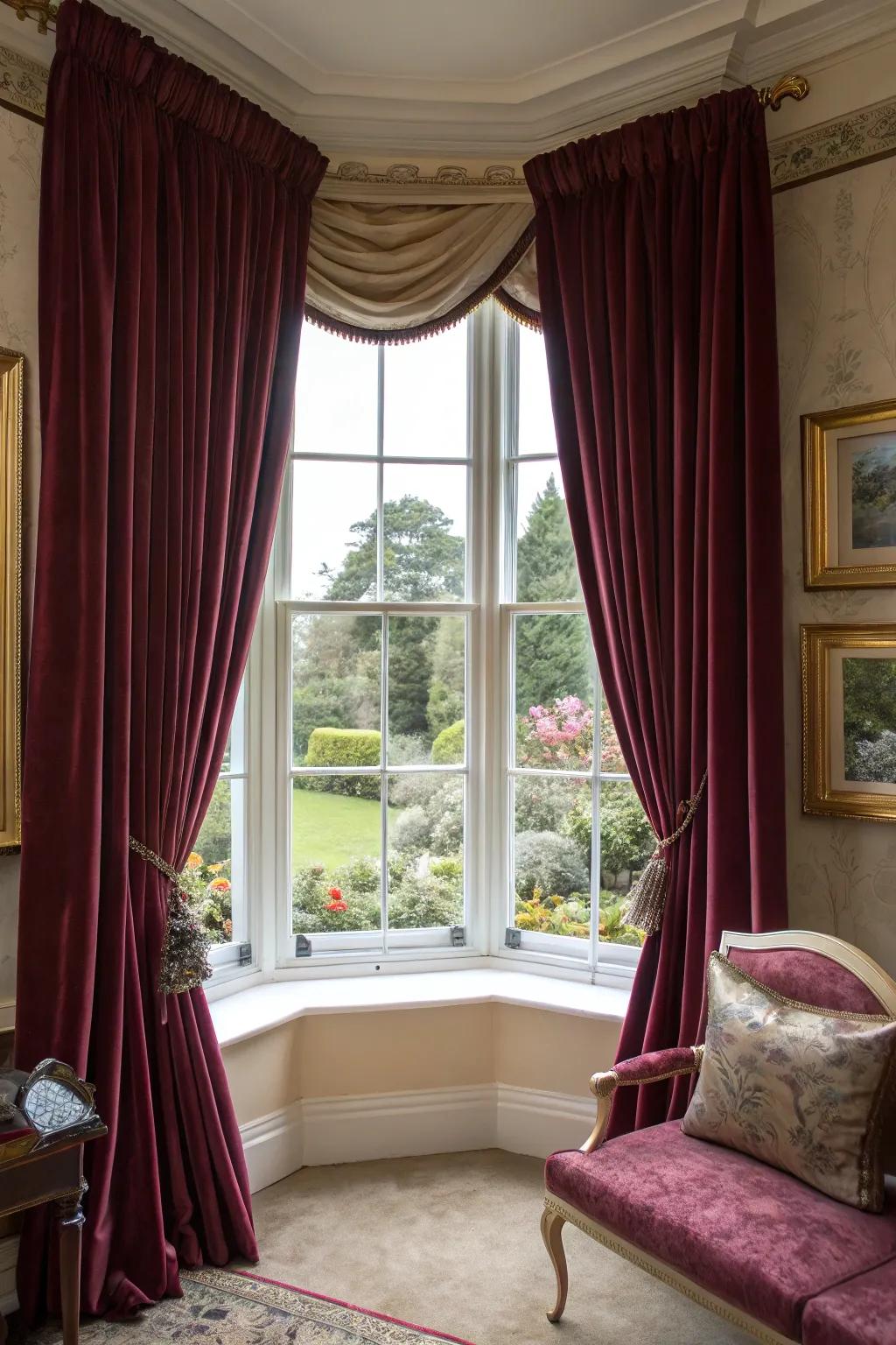 Velvet curtains bringing luxury and elegance to bay windows.