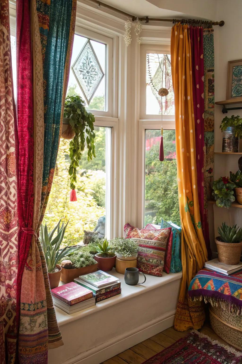 Bring a boho vibe to your bay window with vibrant textiles and decor.