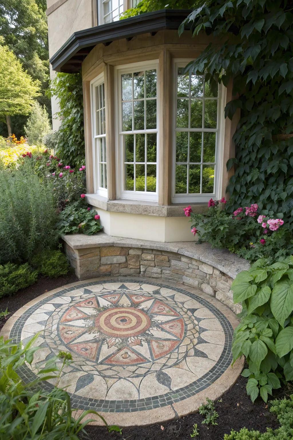 A stone mosaic adding unique artistic flair to a bay window landscape.