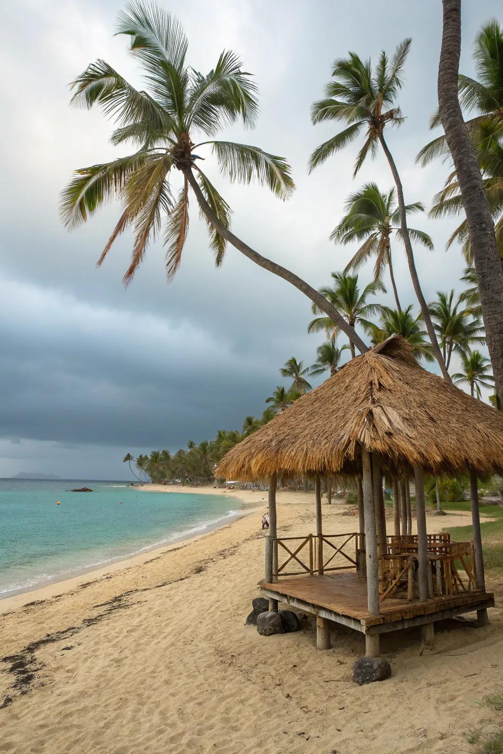 Coconut palm huts bring natural beauty and effective shade.