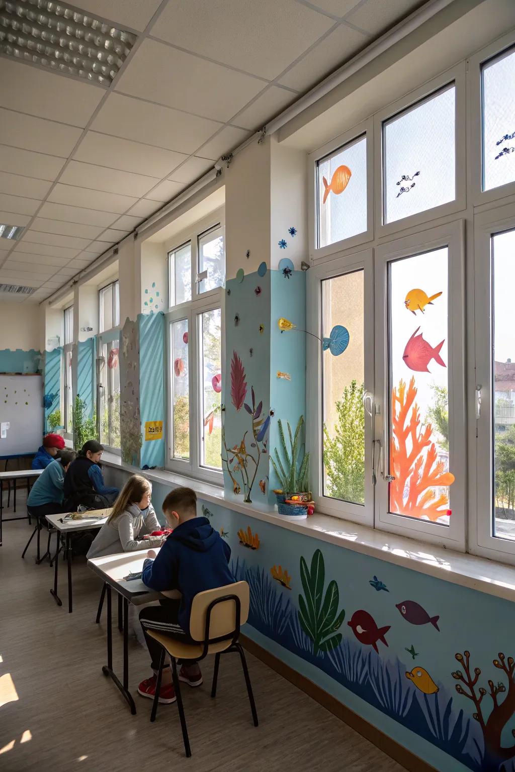 Aquatic-themed window clings add a playful and colorful touch to the classroom.