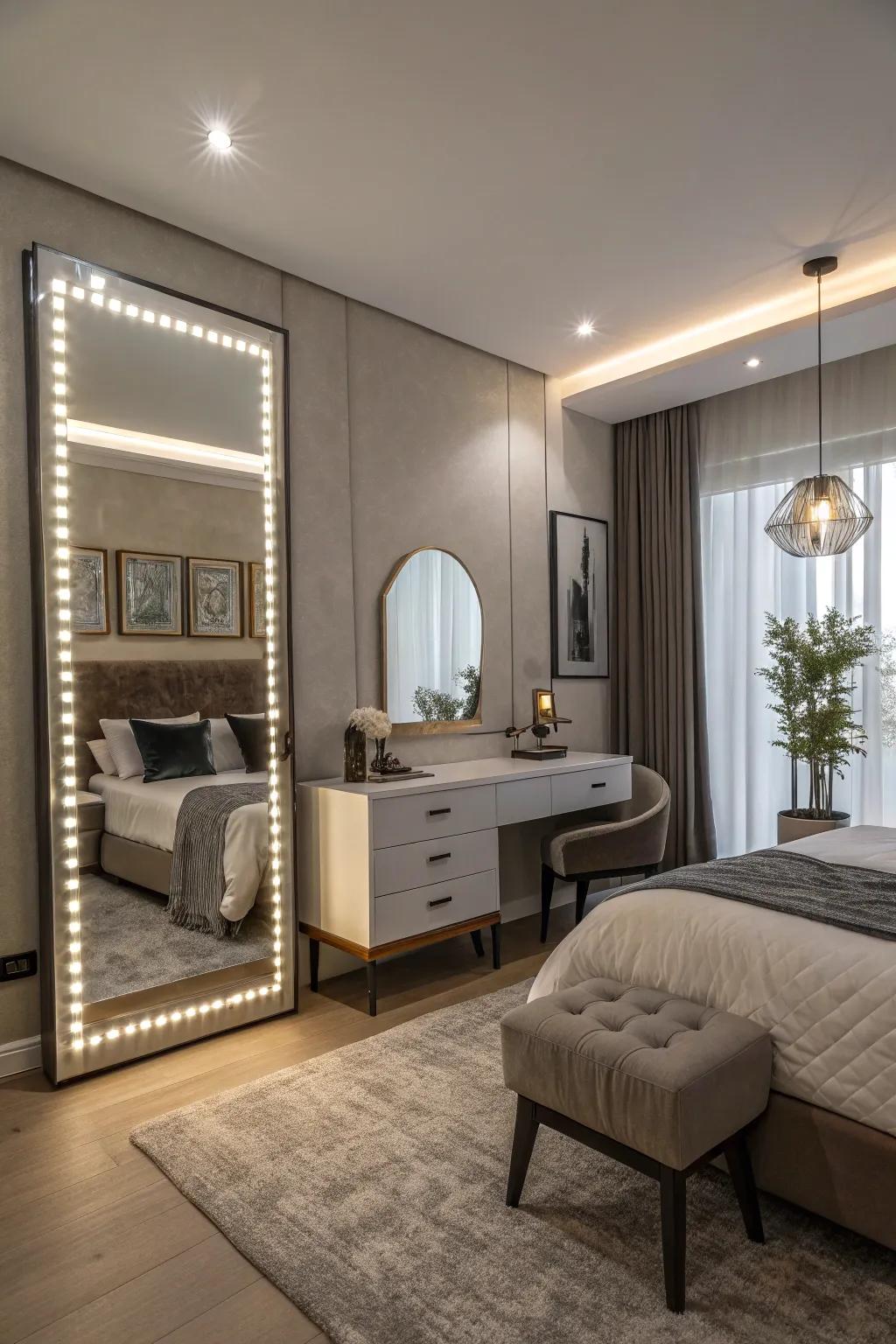 Backlit mirrors add a sleek touch to bedroom decor.