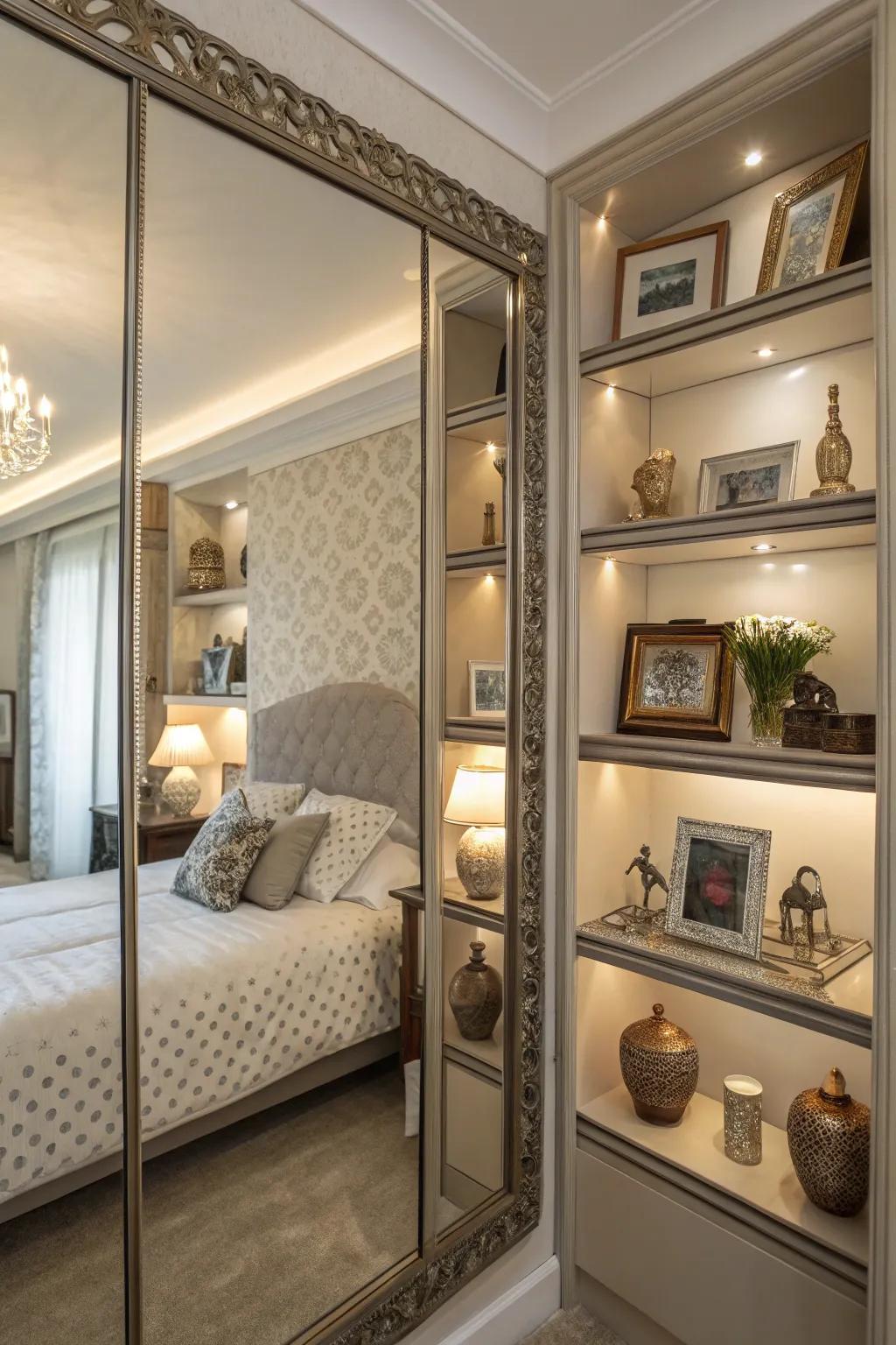 Mirrored shelves in a bedroom enhancing light and providing display space.