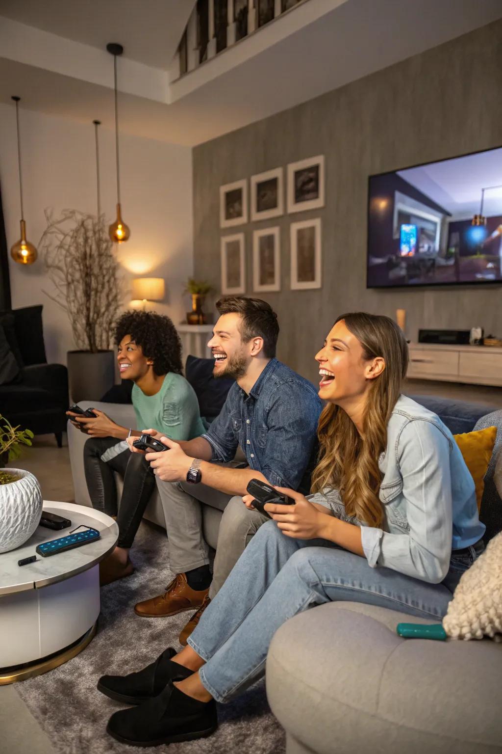 Friends enjoying interactive games in a stylish setting.