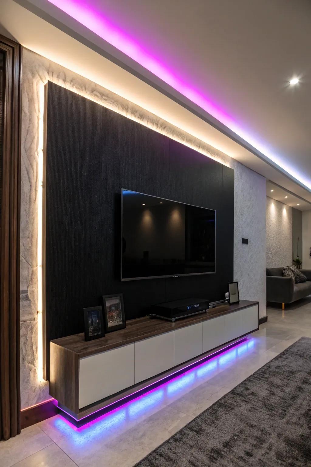 Smart lighting adds a dynamic and customizable element to a black accent wall.