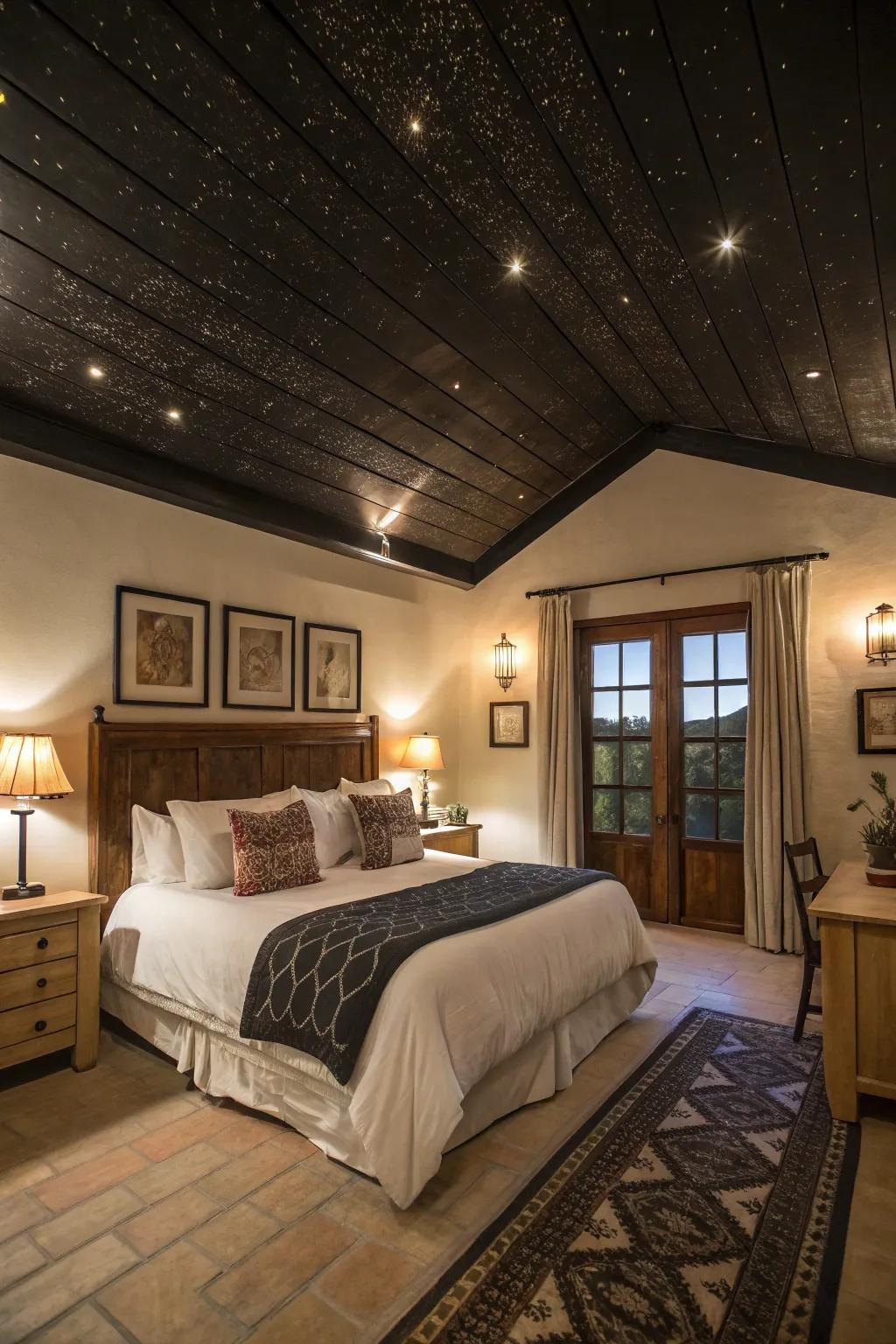 A bedroom with a dark painted ceiling creating a cozy atmosphere.