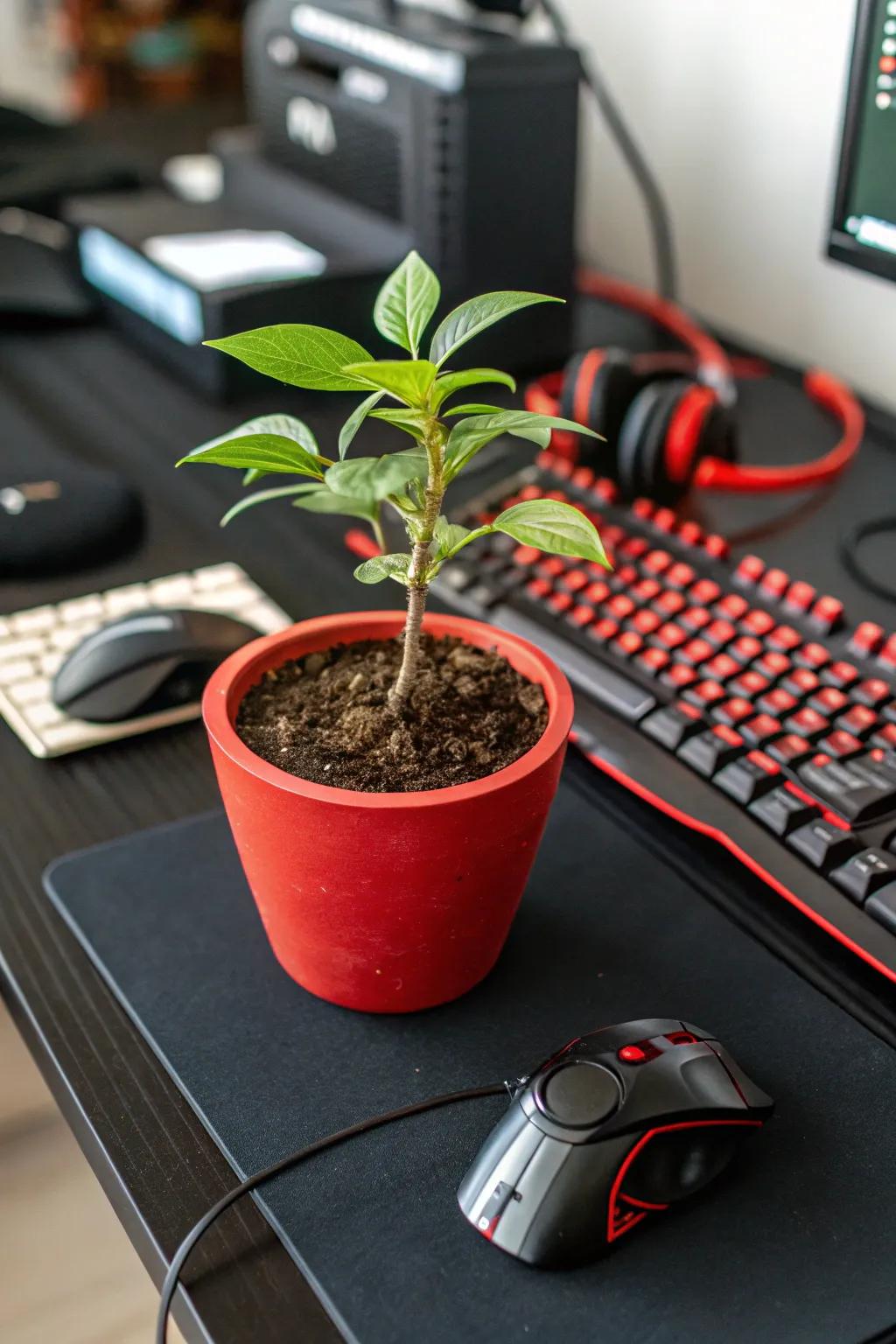 A small plant in a red pot adds a touch of nature to the high-tech gaming setup.