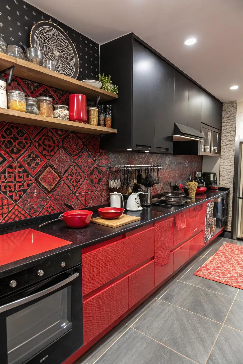 An eclectic mix of textures keeps the black and red kitchen dynamic.