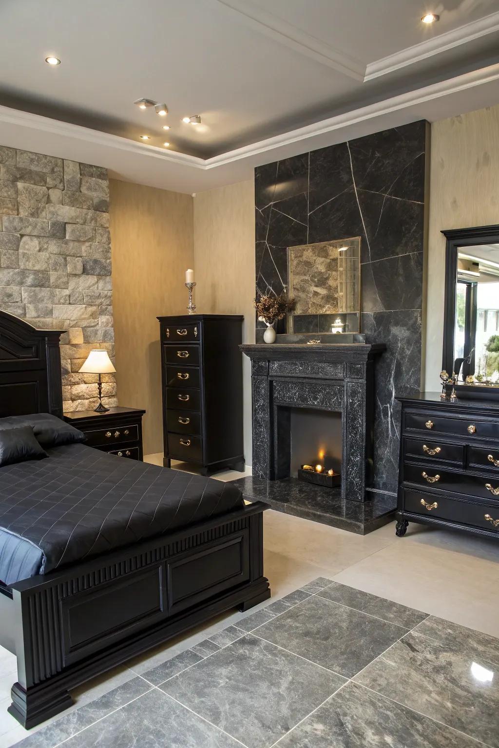 Black stone elements add natural luxury to this bedroom.