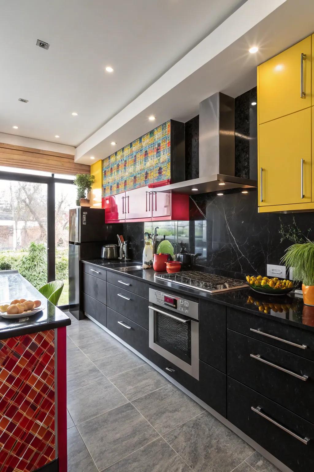 High-contrast accents add energy to black countertops.