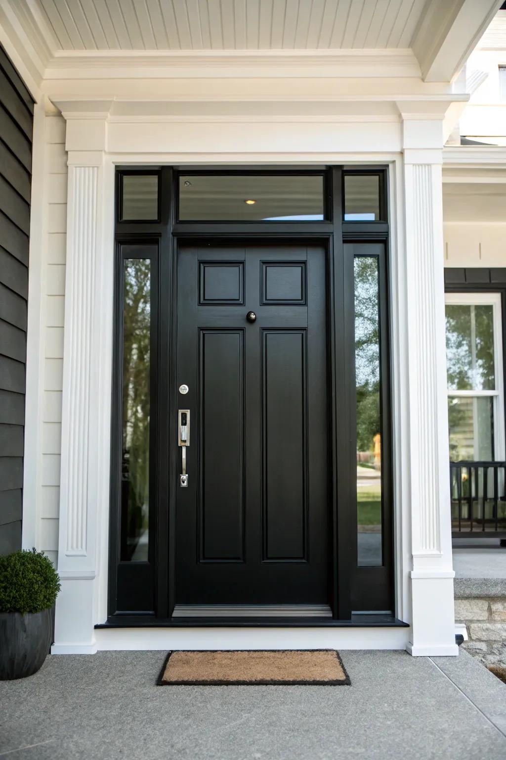 A pivot door design offers a sleek and seamless look to the entrance.