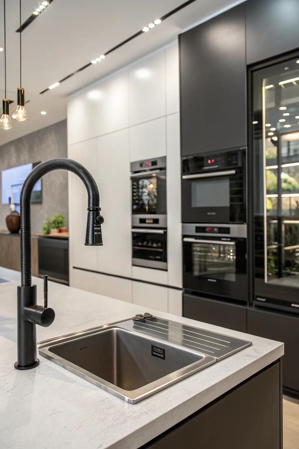 Innovation meets style with this touchless black faucet in a modern kitchen.