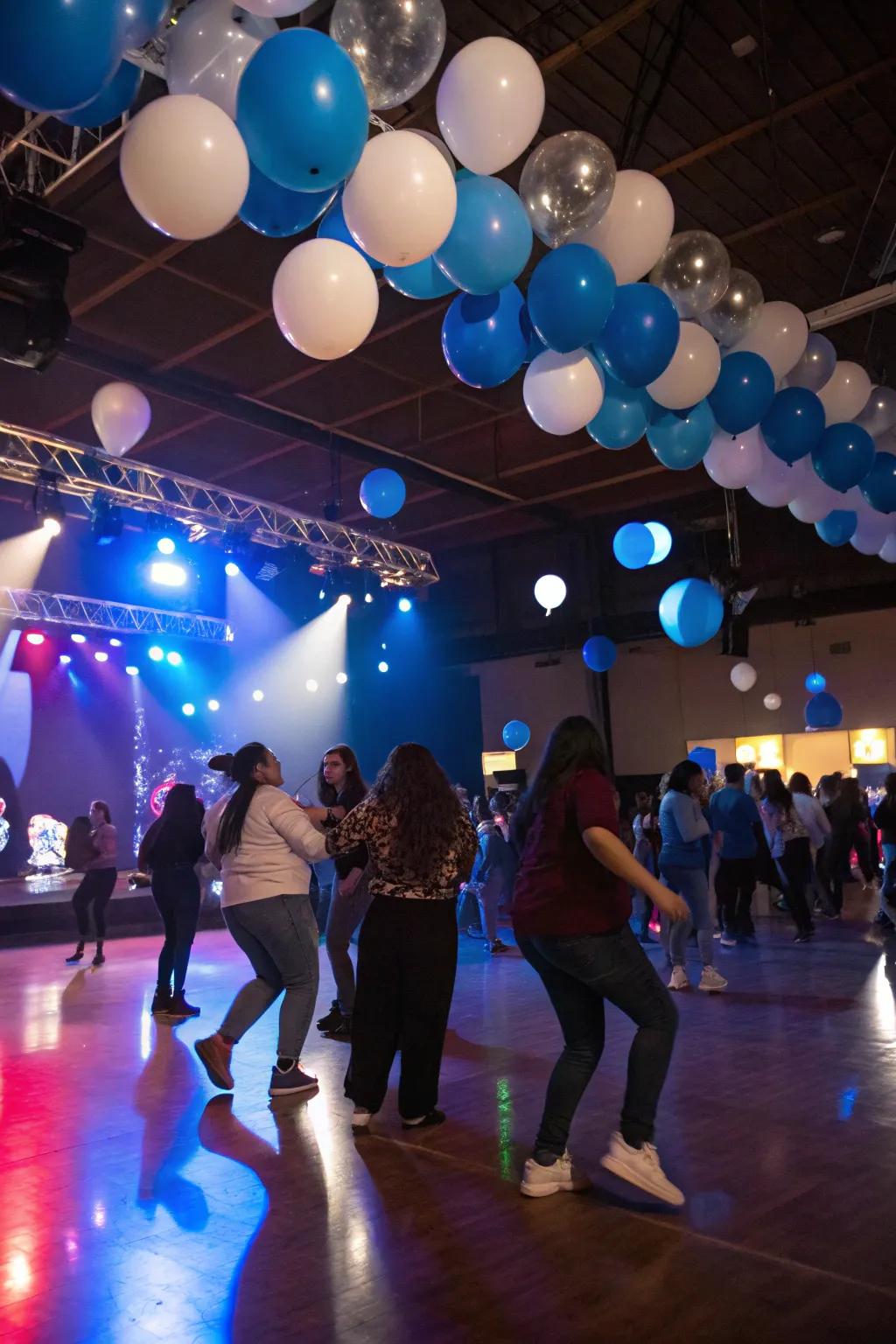 Floating balloons add energy and movement to the dance floor.