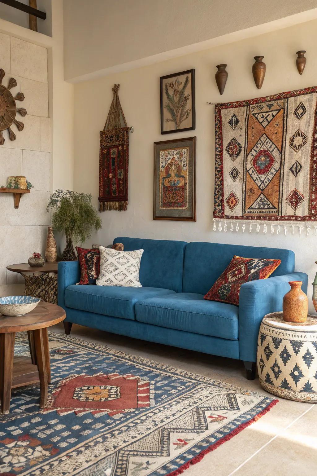 Cultural elements add depth and personality to a blue couch setting.