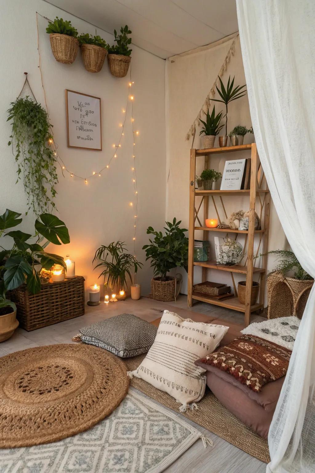 A tranquil corner with zen elements enhances the calming atmosphere of this boho bedroom.