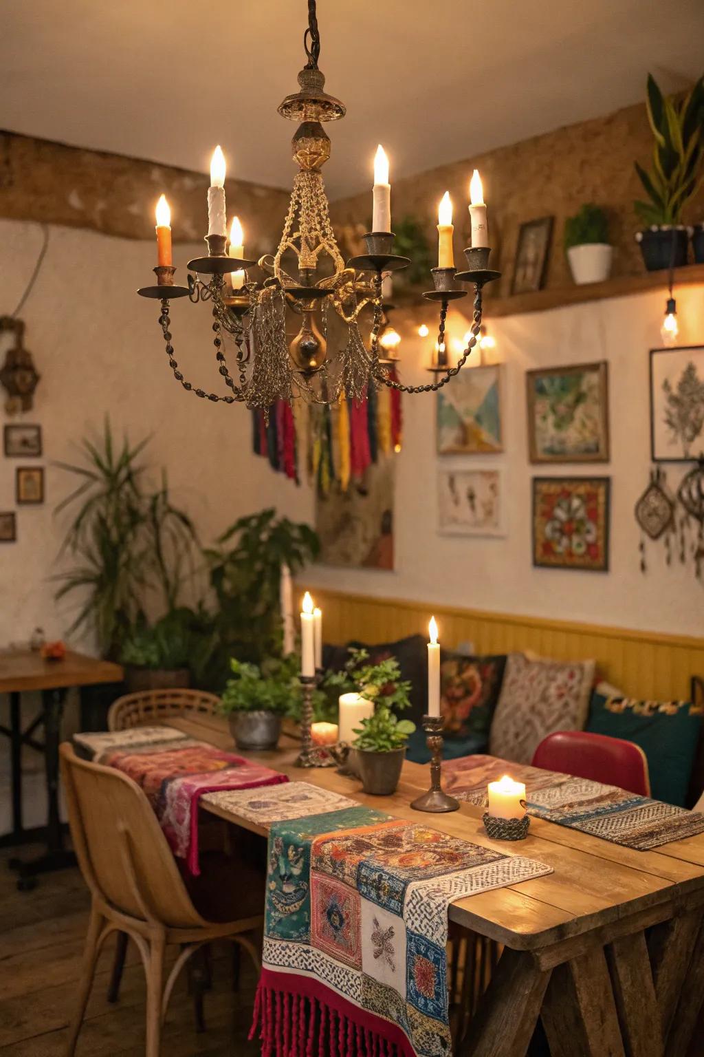 A candlelit chandelier casting a warm glow in a bohemian dining area.