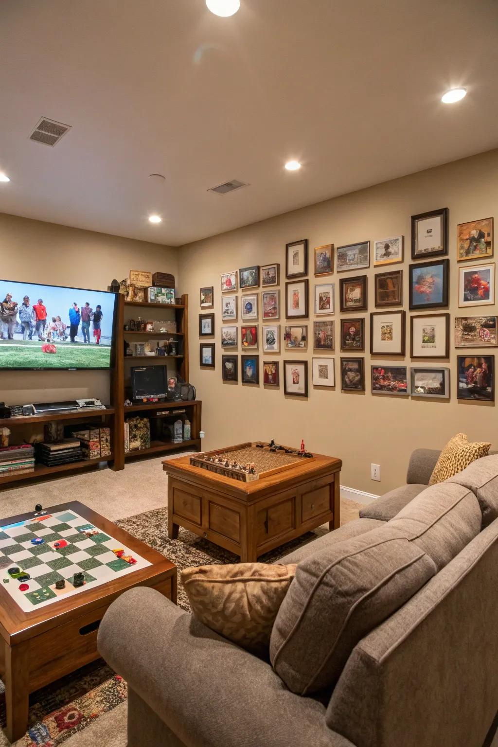 A family photo wall adds a personal touch to your game room.