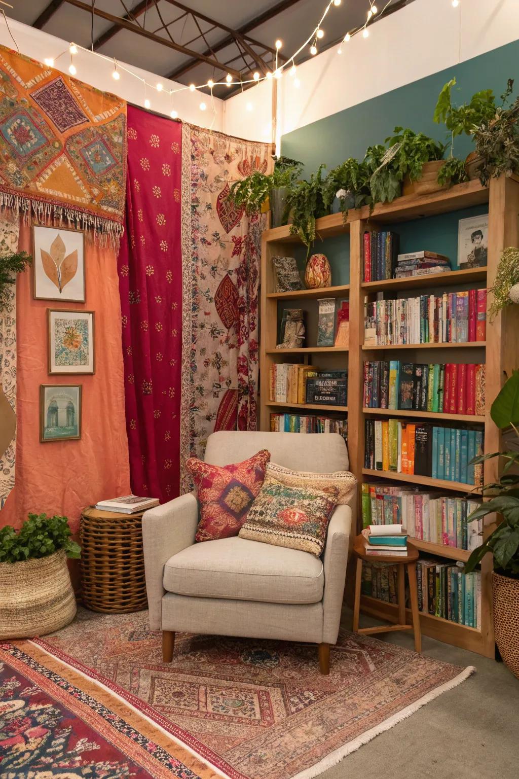 A bohemian nook that celebrates vibrant colors and eclectic style.