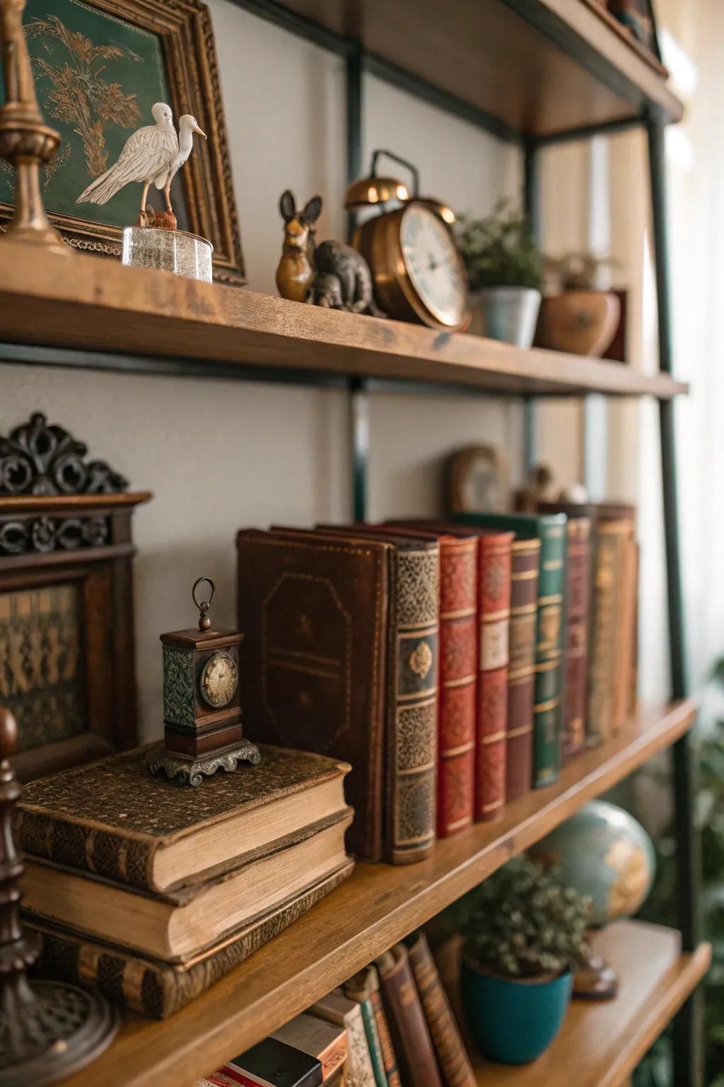 Antiques lend history and charm to a bookshelf's decor.