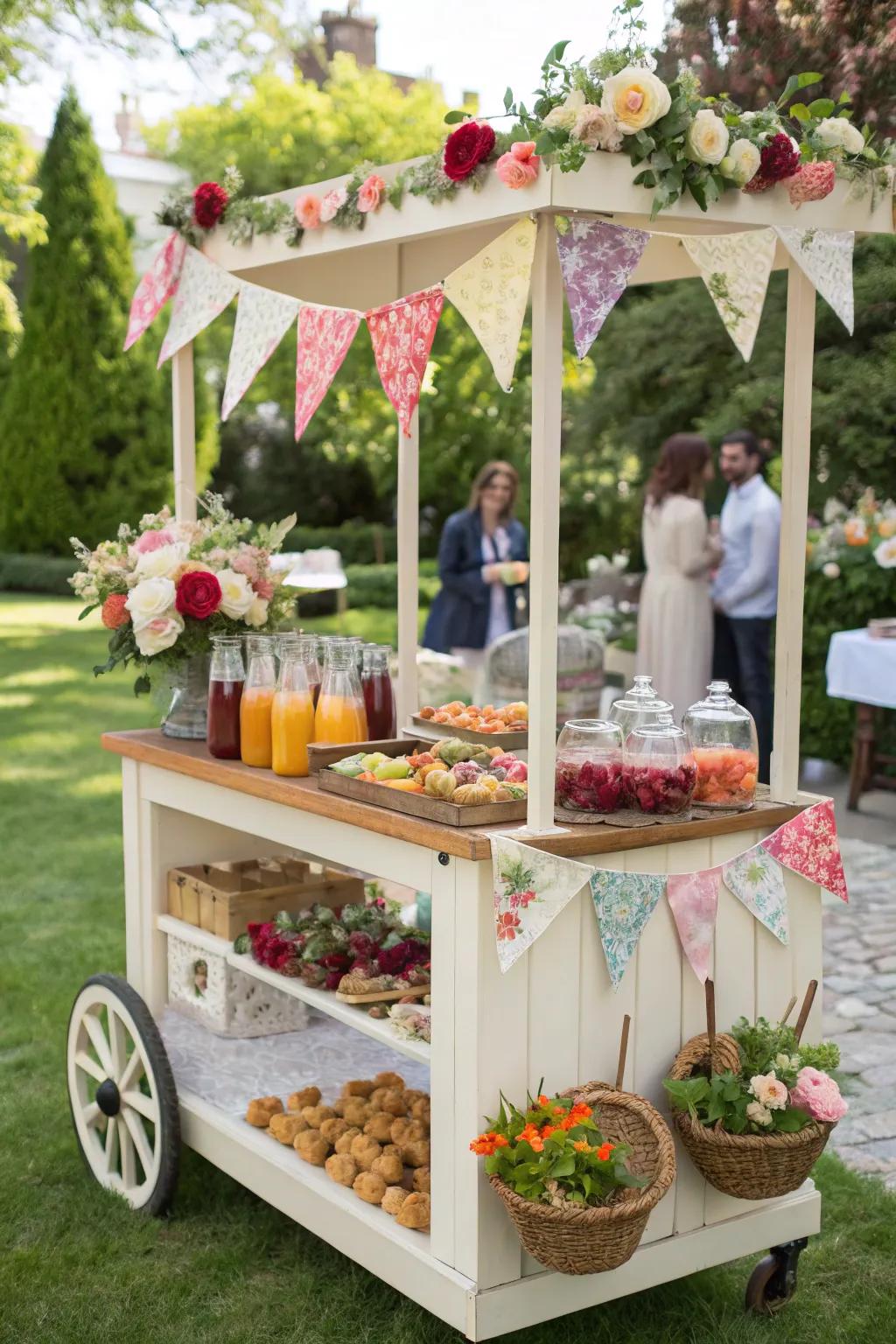 A vendor cart adds charm and functionality to outdoor buffet settings.