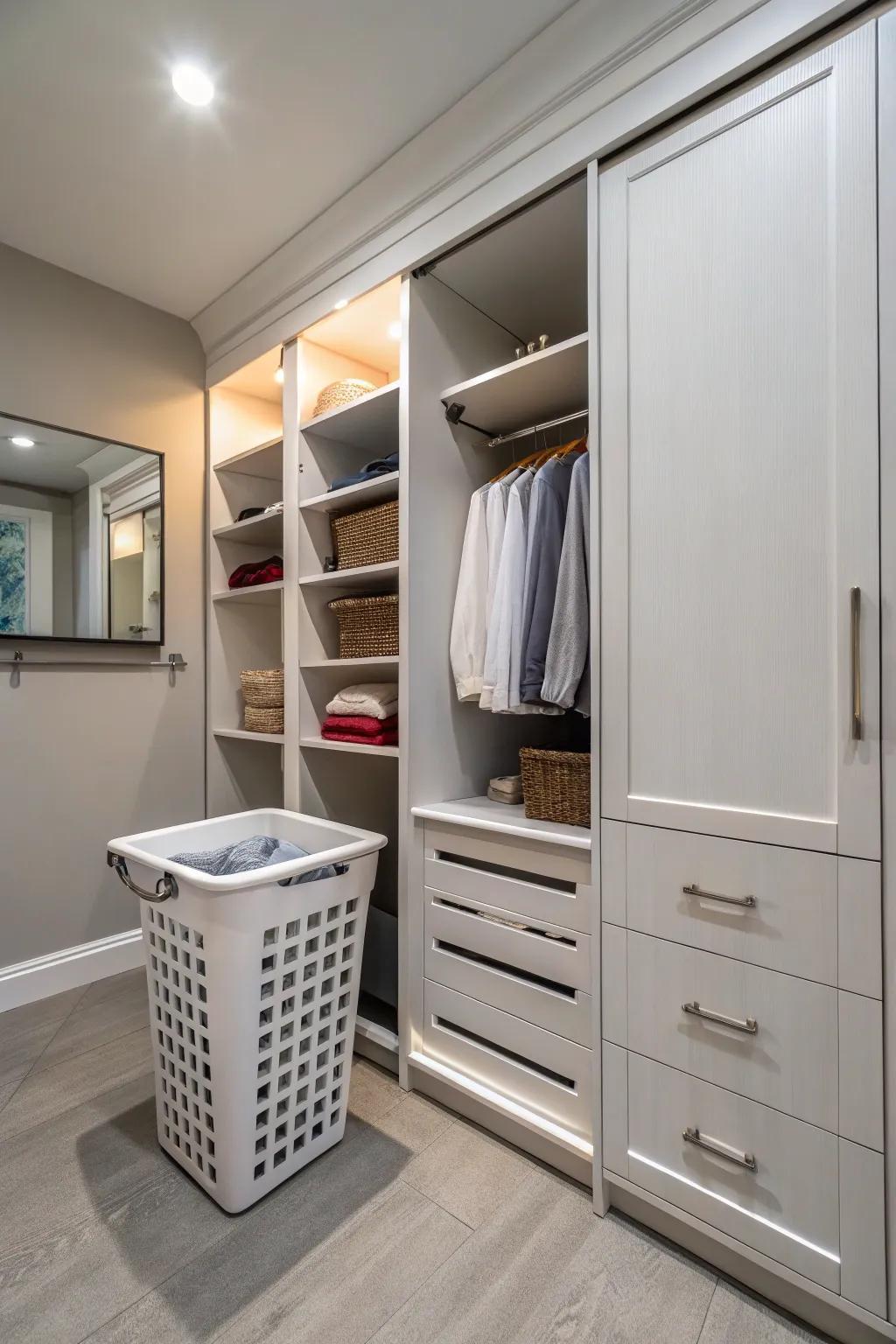 A built-in laundry hamper keeps clutter at bay.