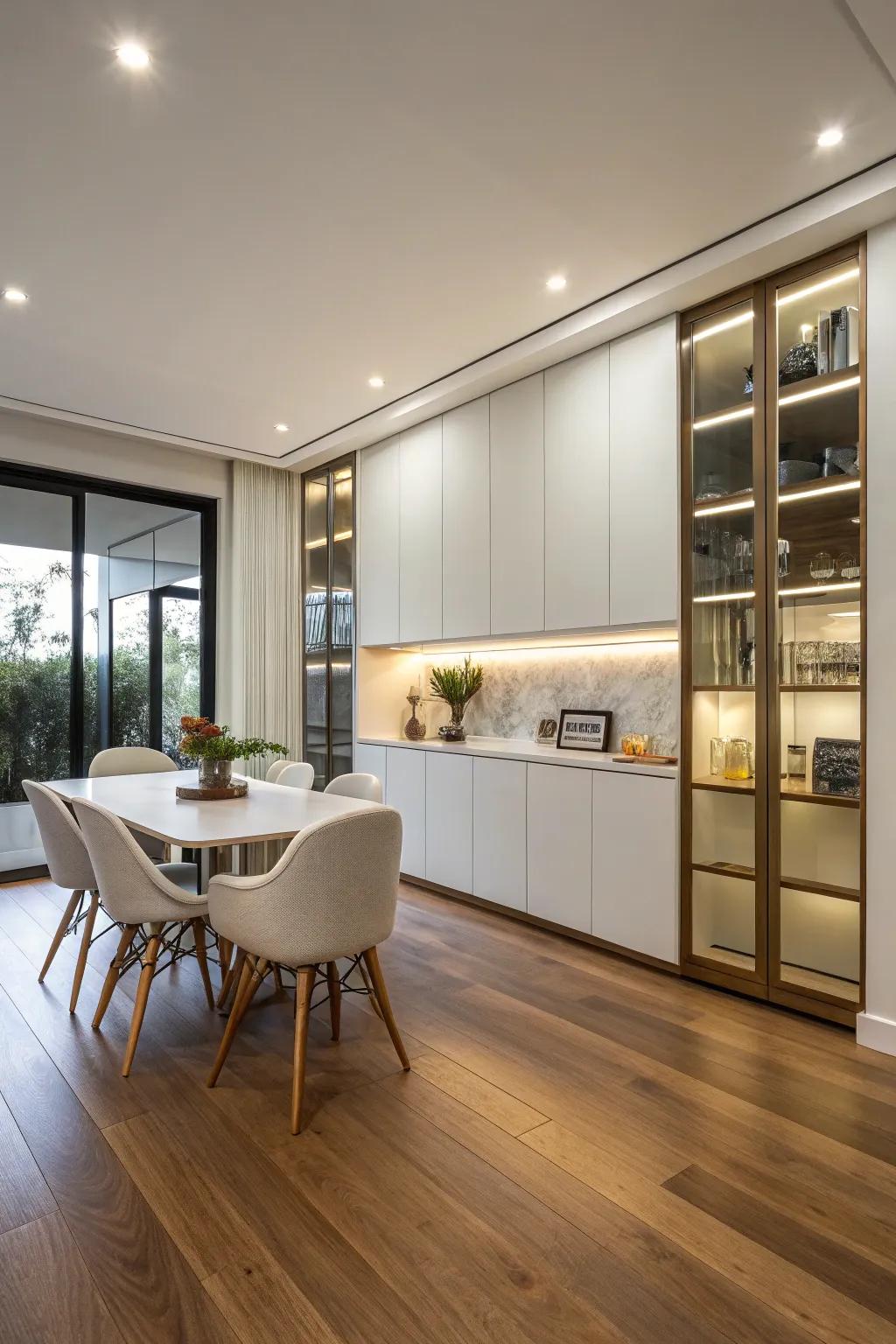 Sleek and modern floating cabinets in a dining room.