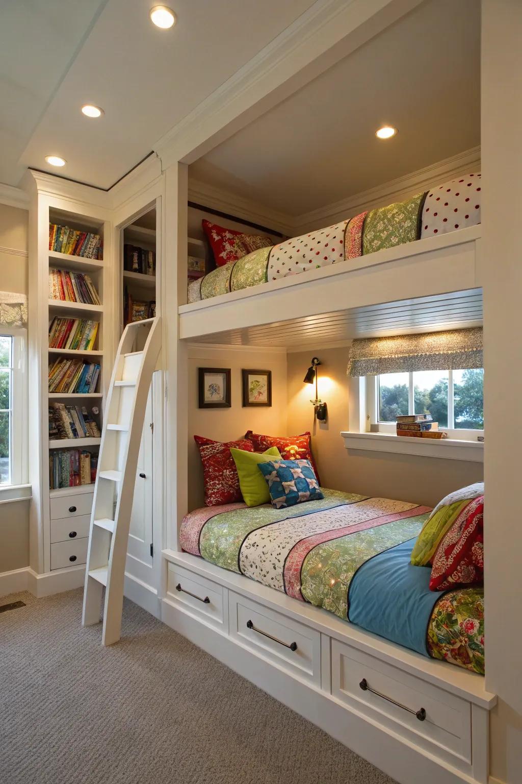 Streamlined and modern platform bunk beds in an alcove.