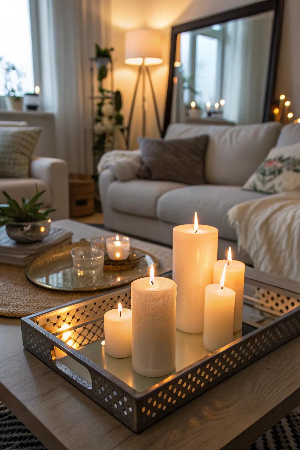 Amplify candlelight with a mirrored tray.