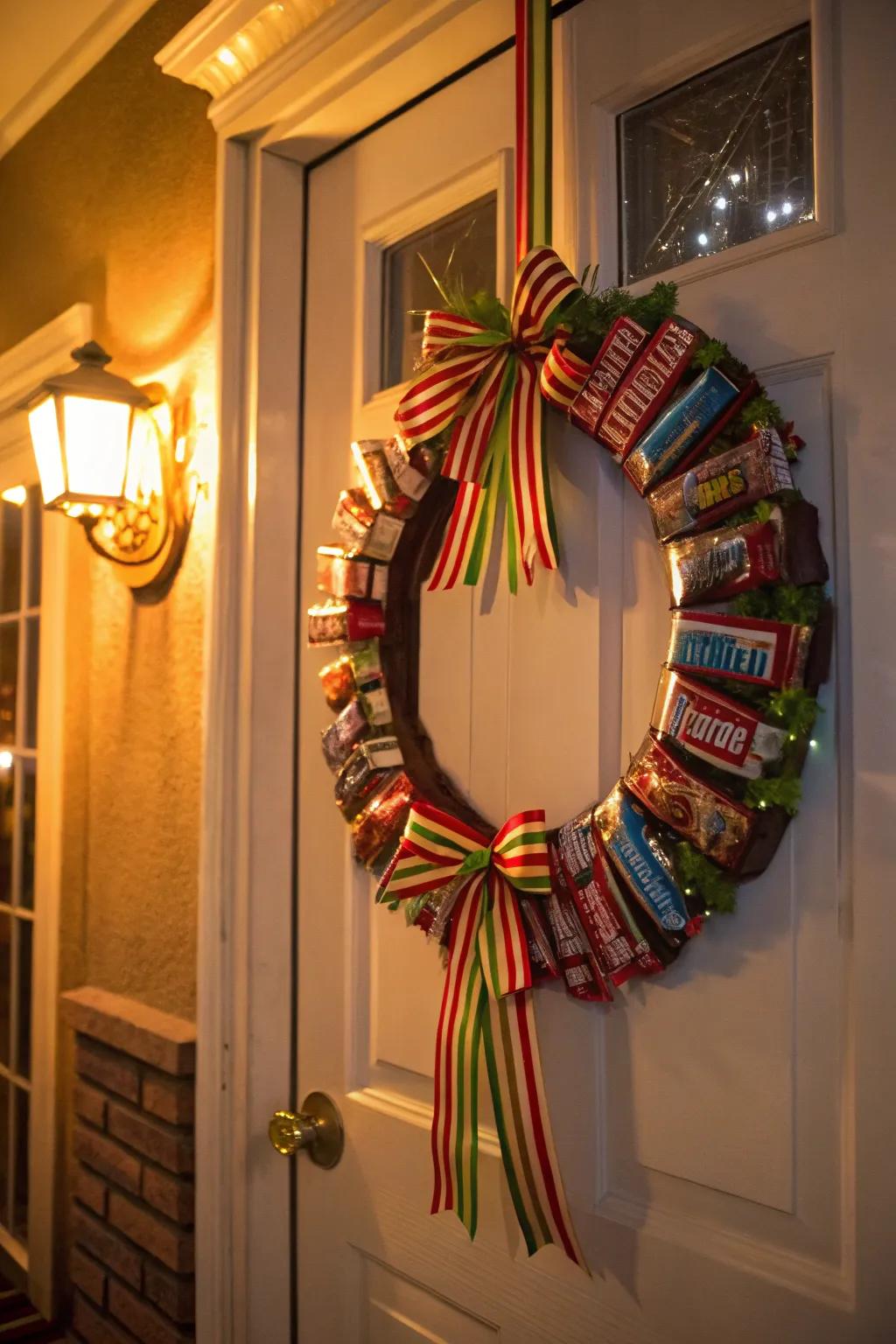 Candy bar wreath offering a festive, edible decoration.