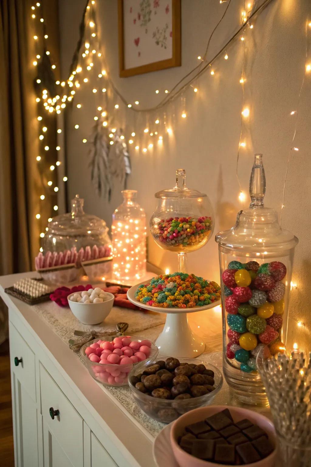 Fairy lights adding a magical touch to the candy table