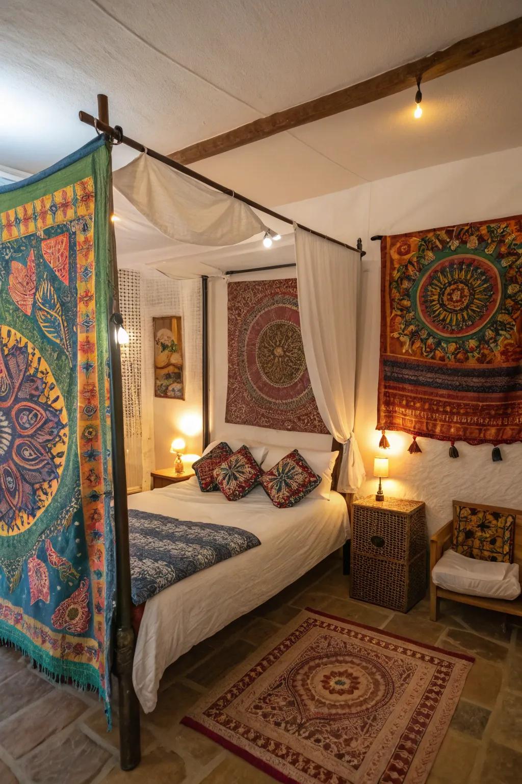 Tapestries as a canopy add a personal bohemian touch.