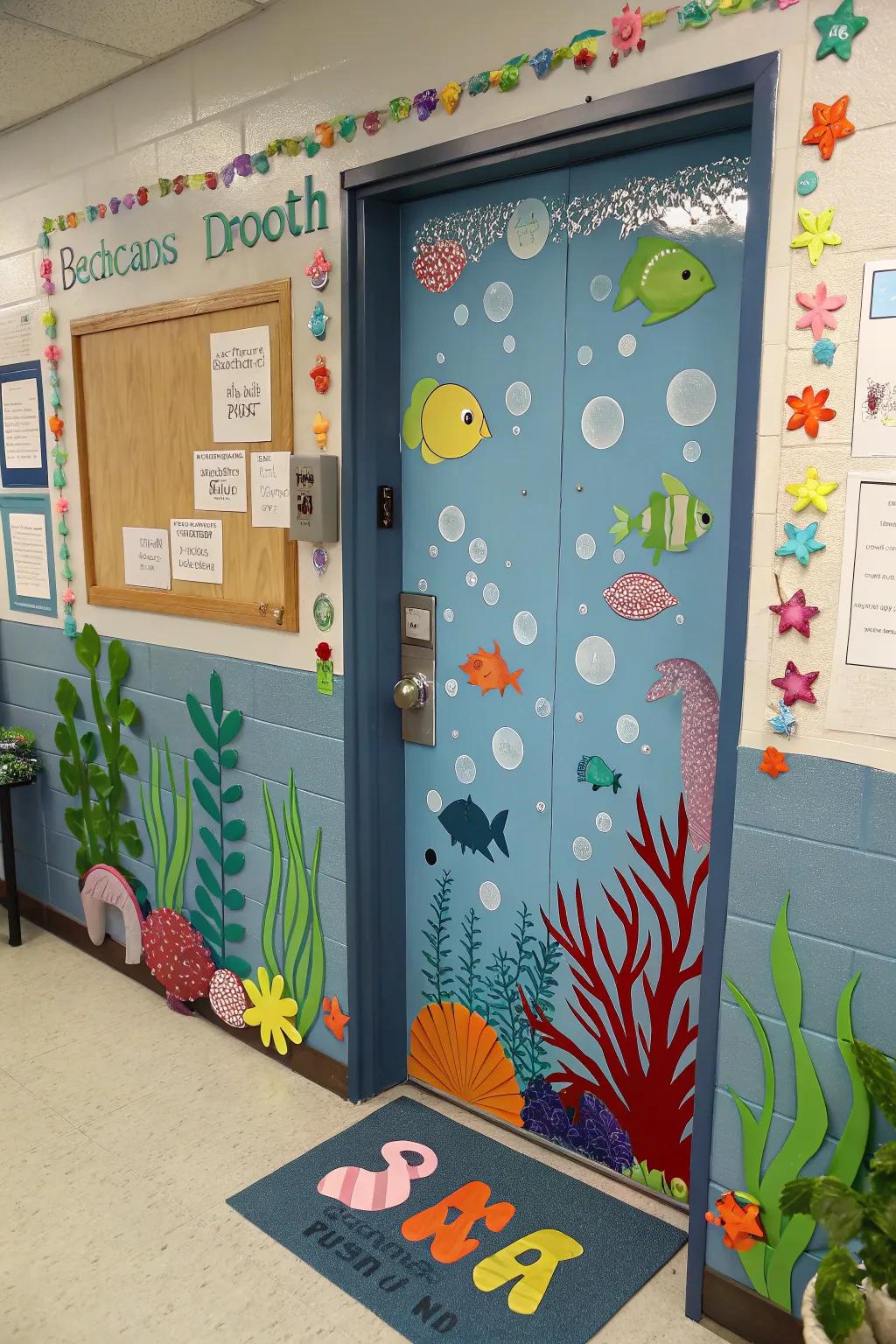 Dive deep into marine careers with an underwater-themed door.