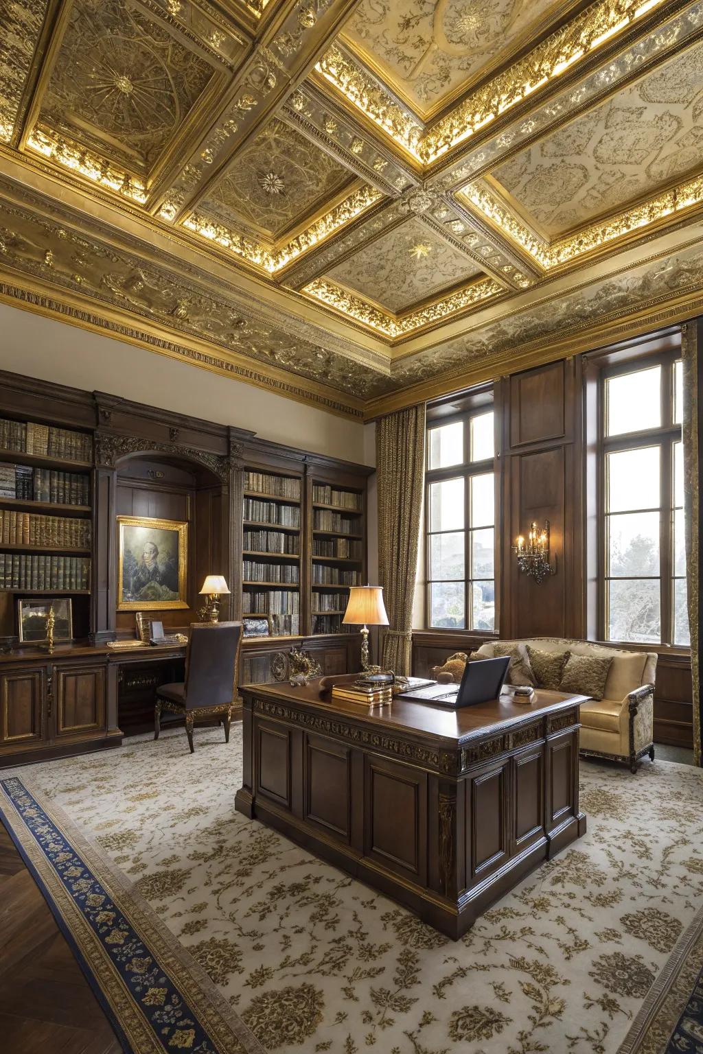 A luxurious study with gold-accented ceiling tiles.