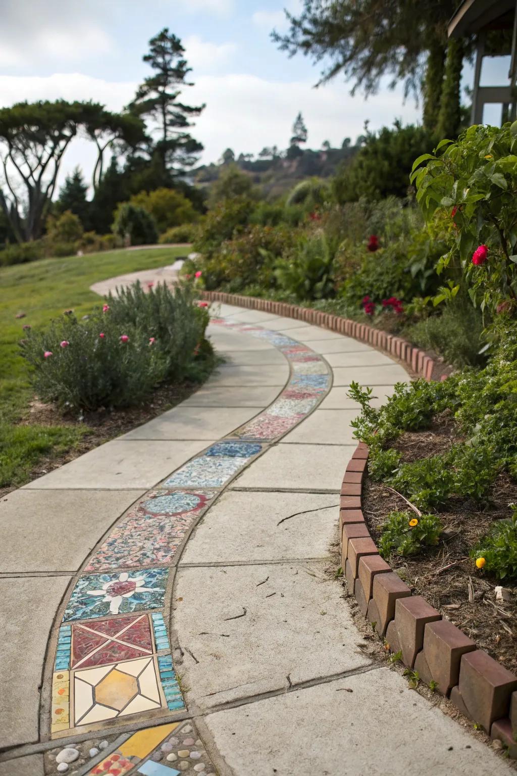 Mosaic tile accents in a cement walkway for a splash of artistry.