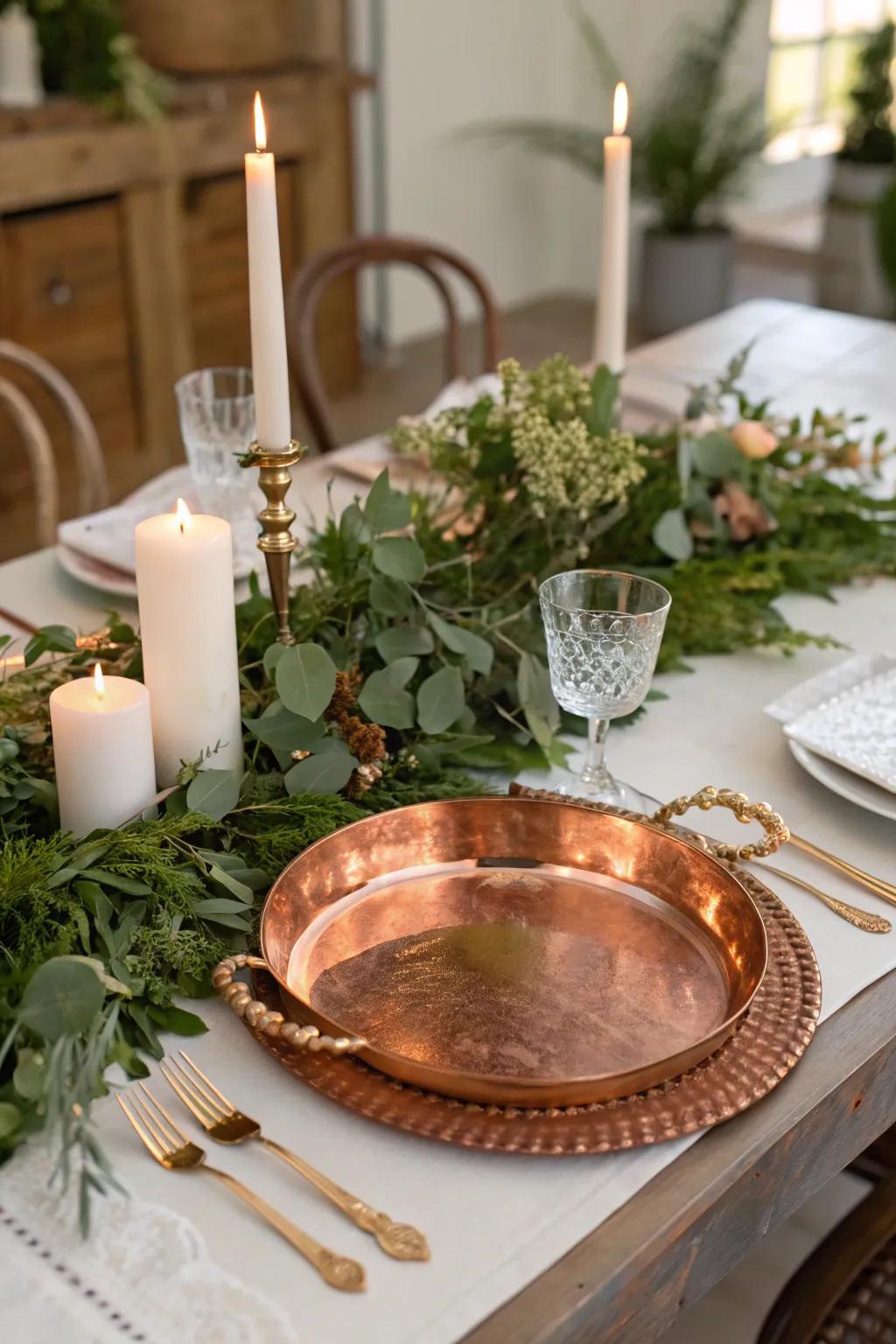 Rustic warmth with a copper tray centerpiece base.