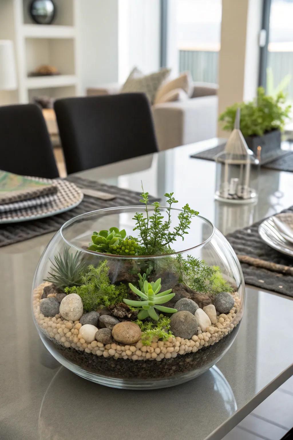 Terrariums add a chic and eco-friendly touch.