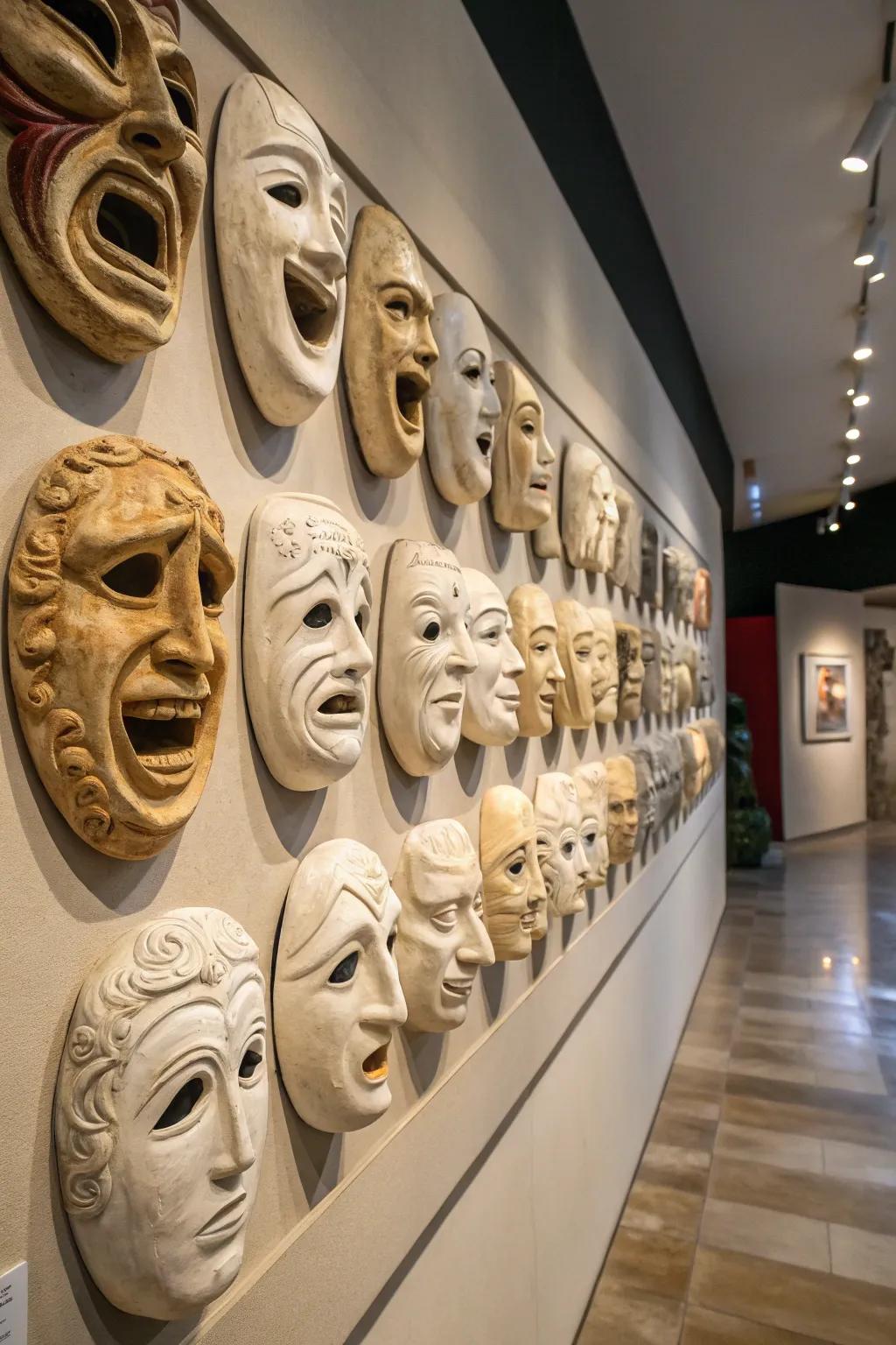 Expressive ceramic masks add drama and intrigue.