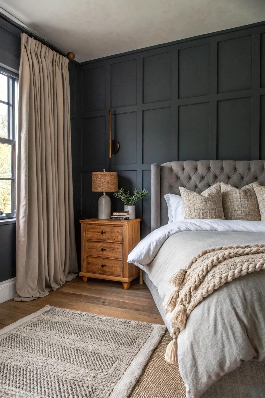 A mix of textures adds depth to a charcoal bedroom.