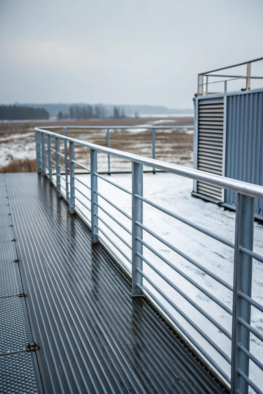 Corrugated metal railings add an industrial touch.