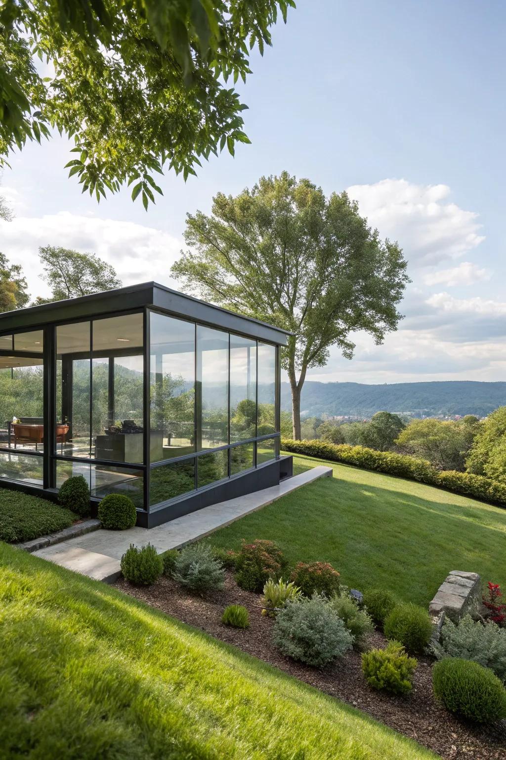 Elegant glass house offering breathtaking views and natural light.