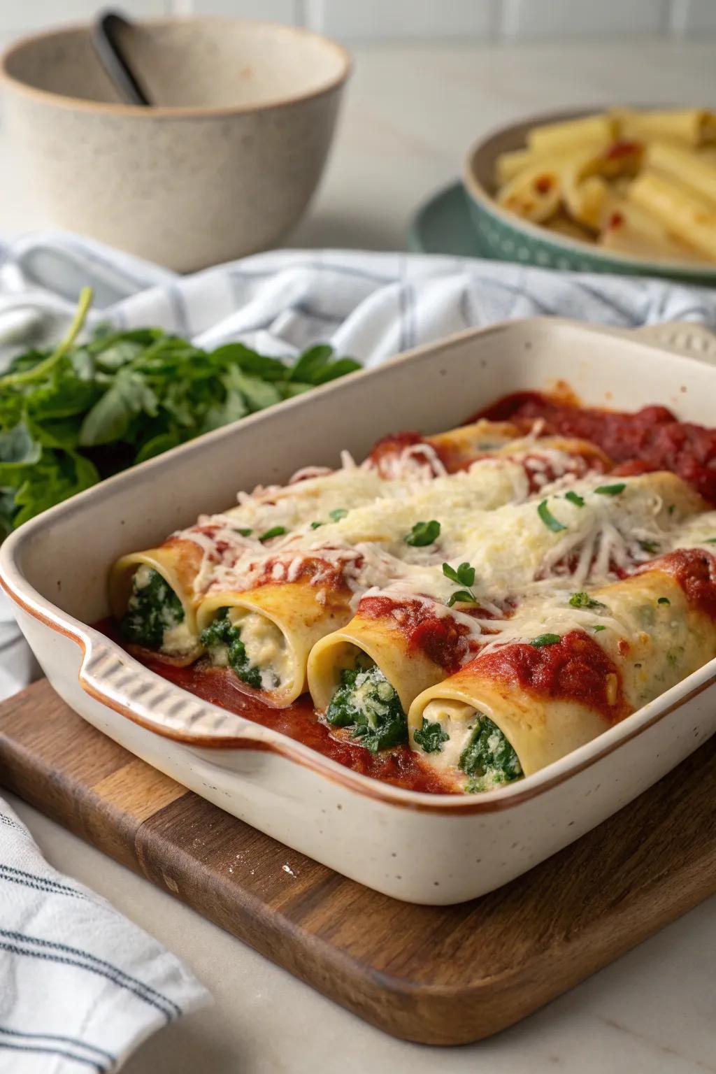 Chicken spinach and ricotta cannelloni, an Italian classic with a twist.