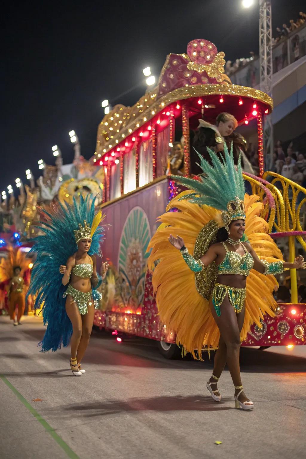 Brazilian Festive Carnival float with samba dancers and vibrant costumes.