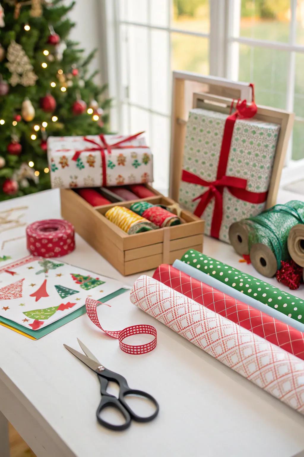 Add a practical and decorative touch with a gift wrapping station.