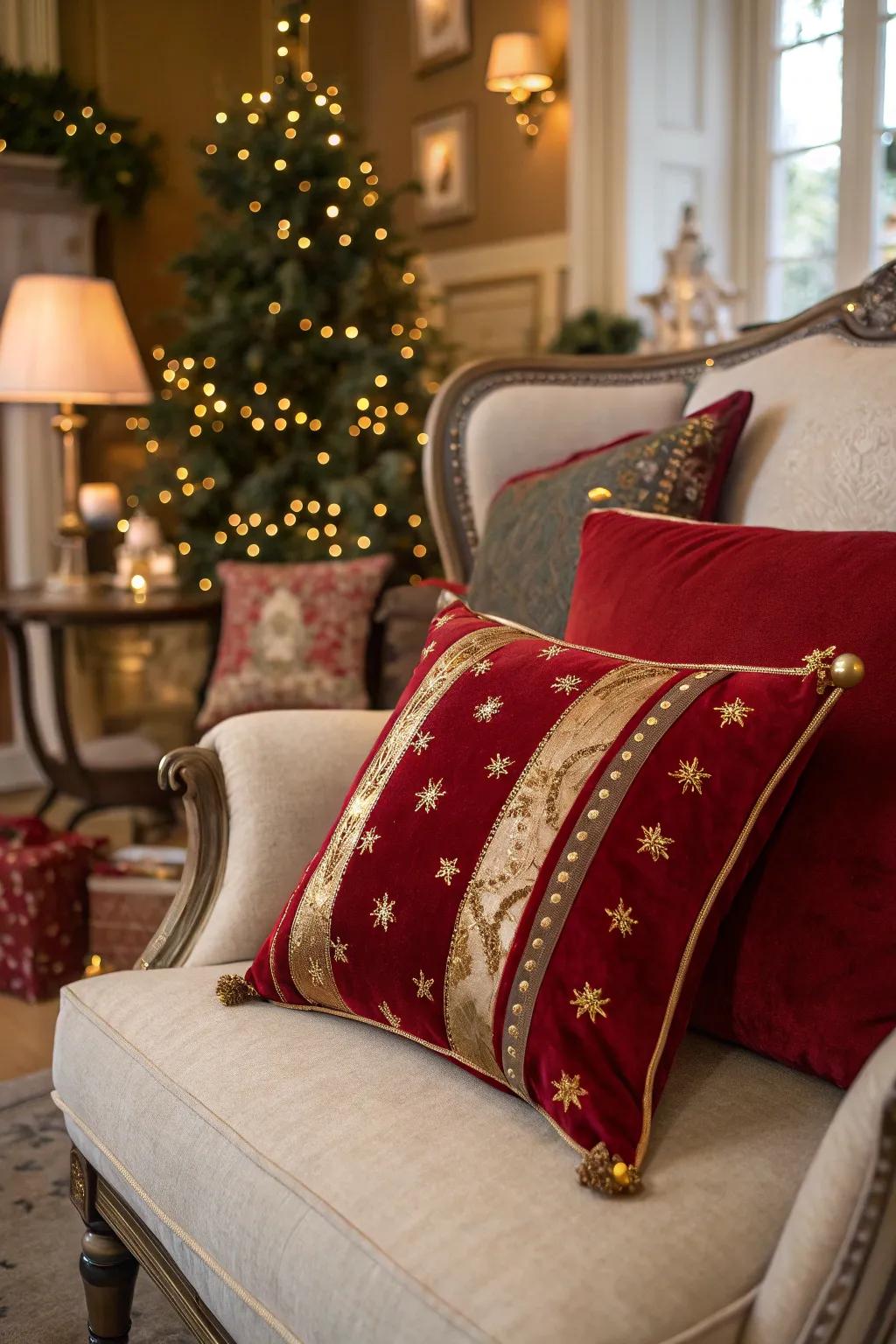 Velvet pillows adding a luxurious touch to holiday decor.