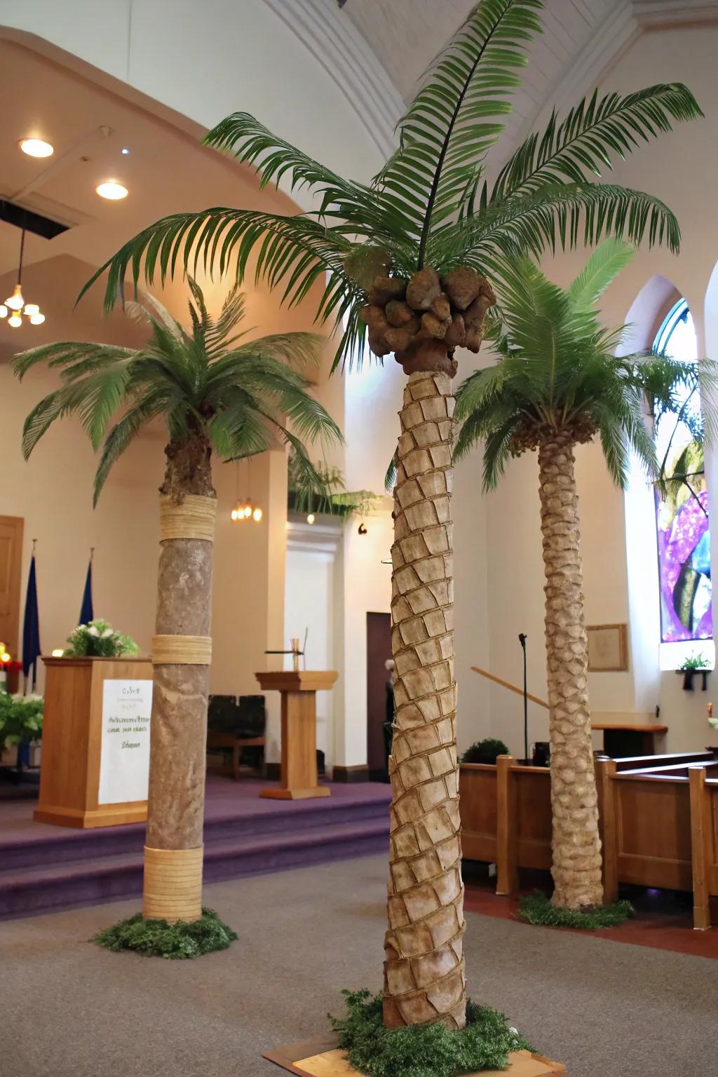 Support poles creatively transformed into faux palm trees.