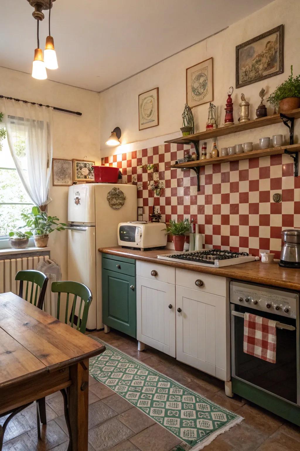 Checkerboard patterns add playful interest to this classic kitchen.