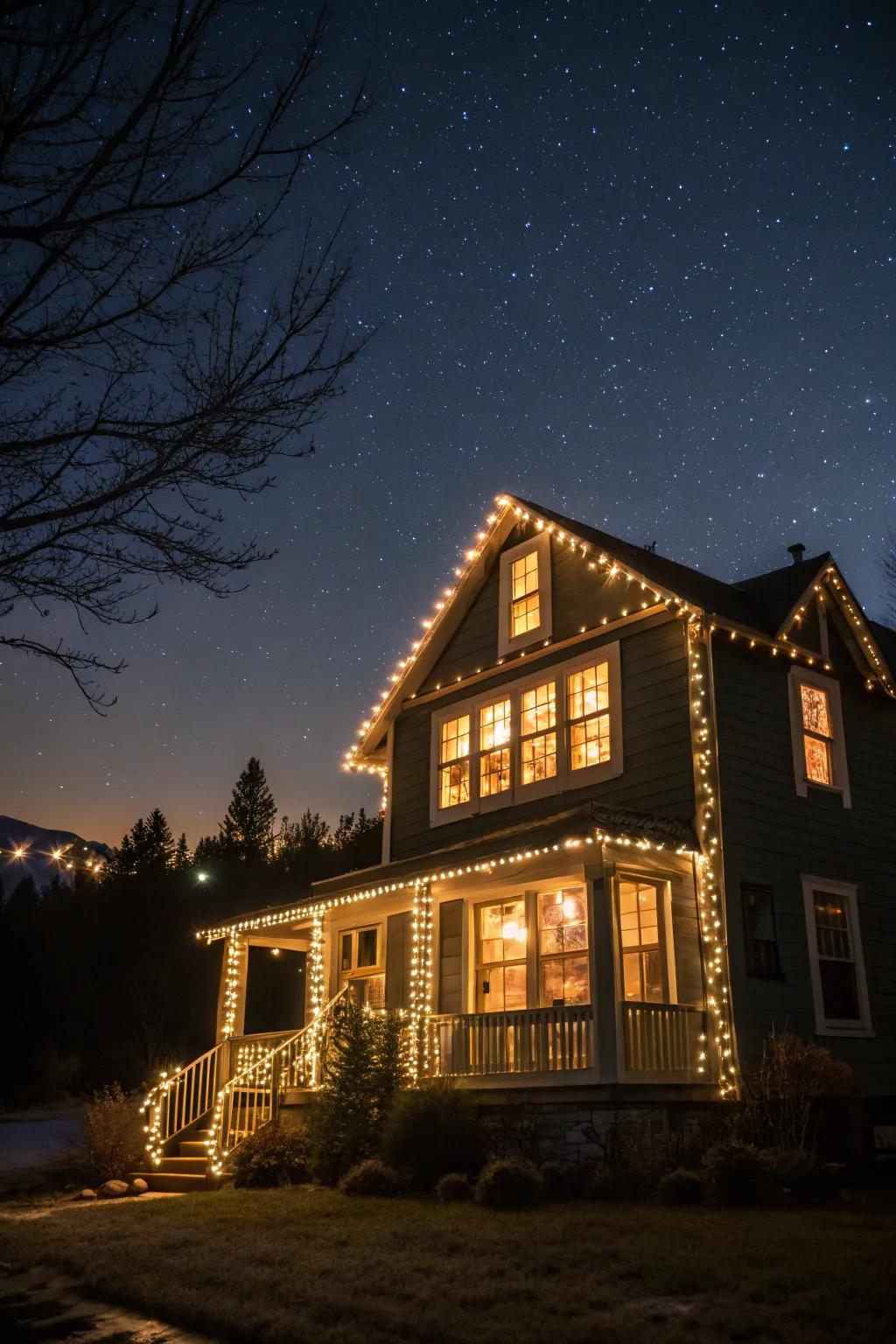 Charming window frames with festive lighting.