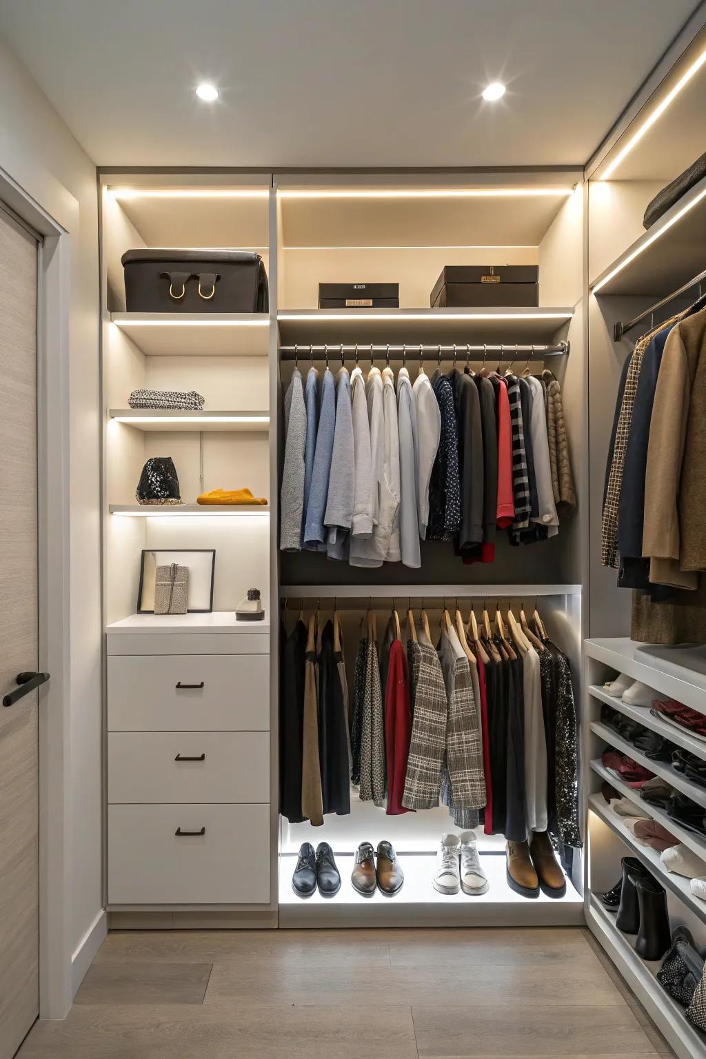 Smart lighting brings modern convenience to your closet.