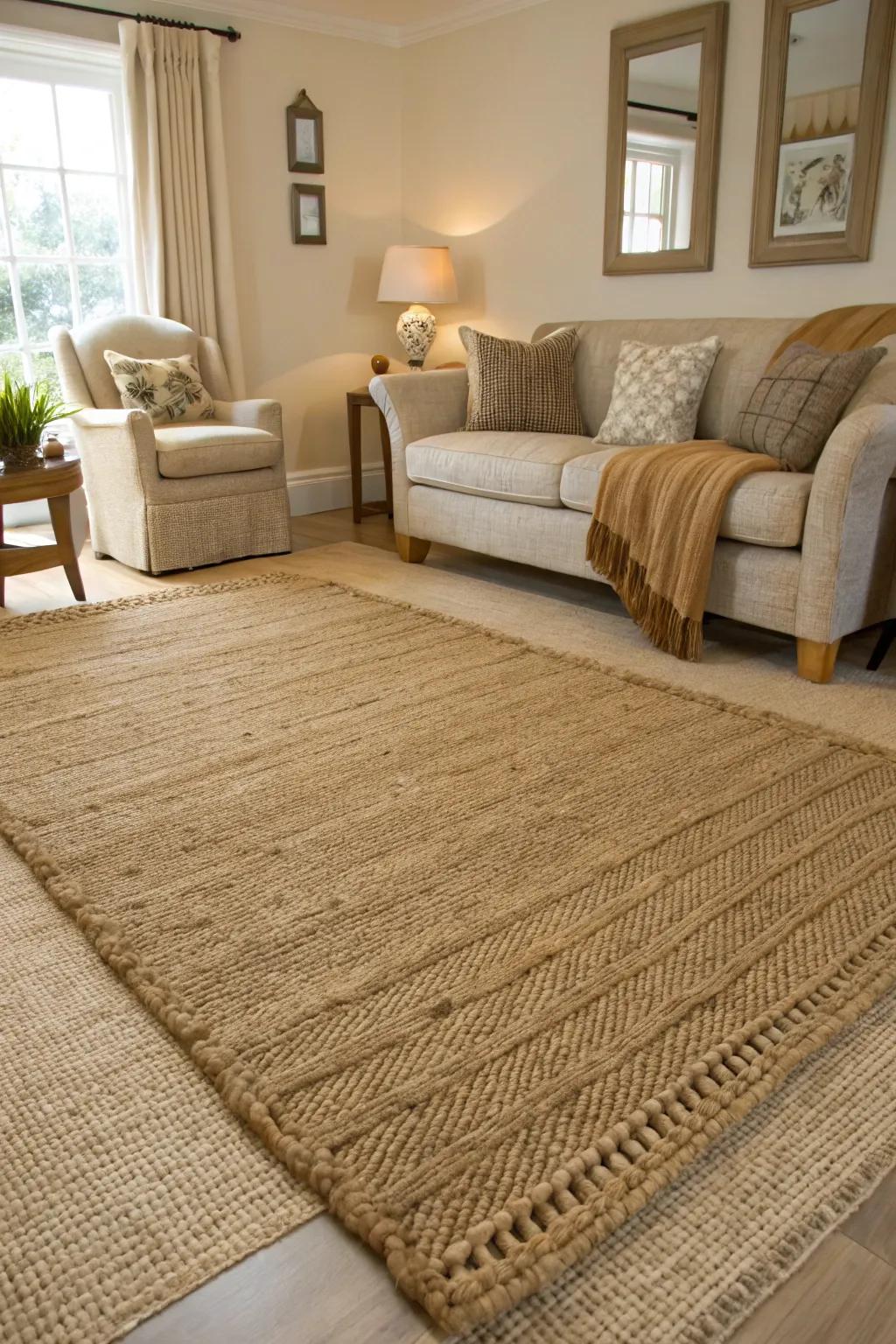 Statement rugs ground and define coastal farmhouse interiors.