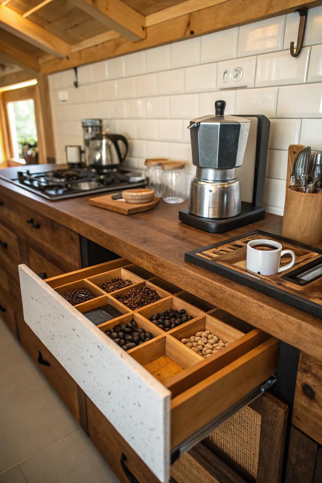 Wood accents add natural elegance to your coffee drawer.